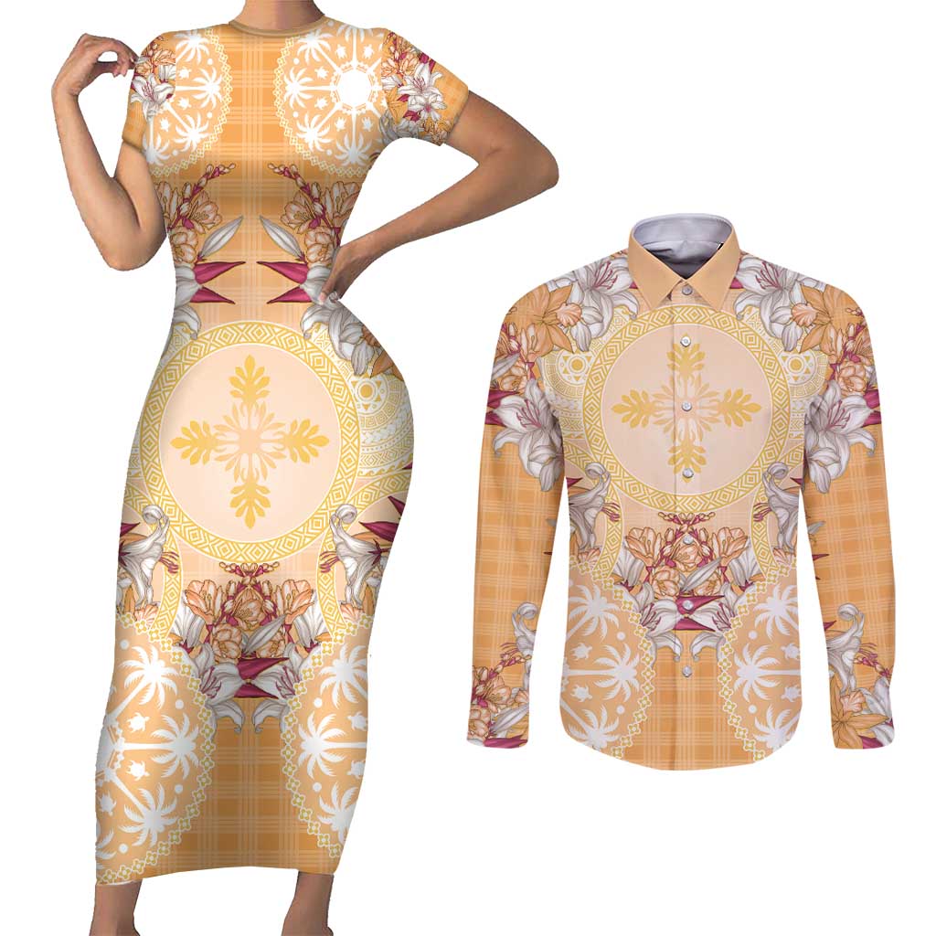 Hawaii Peach Palaka Couples Matching Short Sleeve Bodycon Dress and Long Sleeve Button Shirt With Tapa Pattern Tropical Flowers LT05 Peach - Polynesian Pride