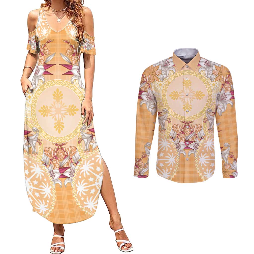 Hawaii Peach Palaka Couples Matching Summer Maxi Dress and Long Sleeve Button Shirt With Tapa Pattern Tropical Flowers LT05 Peach - Polynesian Pride