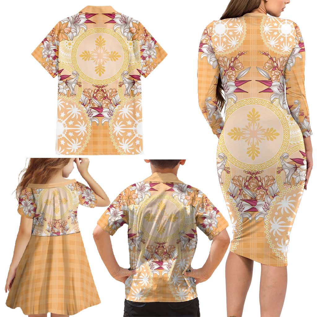 Hawaii Peach Palaka Family Matching Long Sleeve Bodycon Dress and Hawaiian Shirt With Tapa Pattern Tropical Flowers LT05 - Polynesian Pride