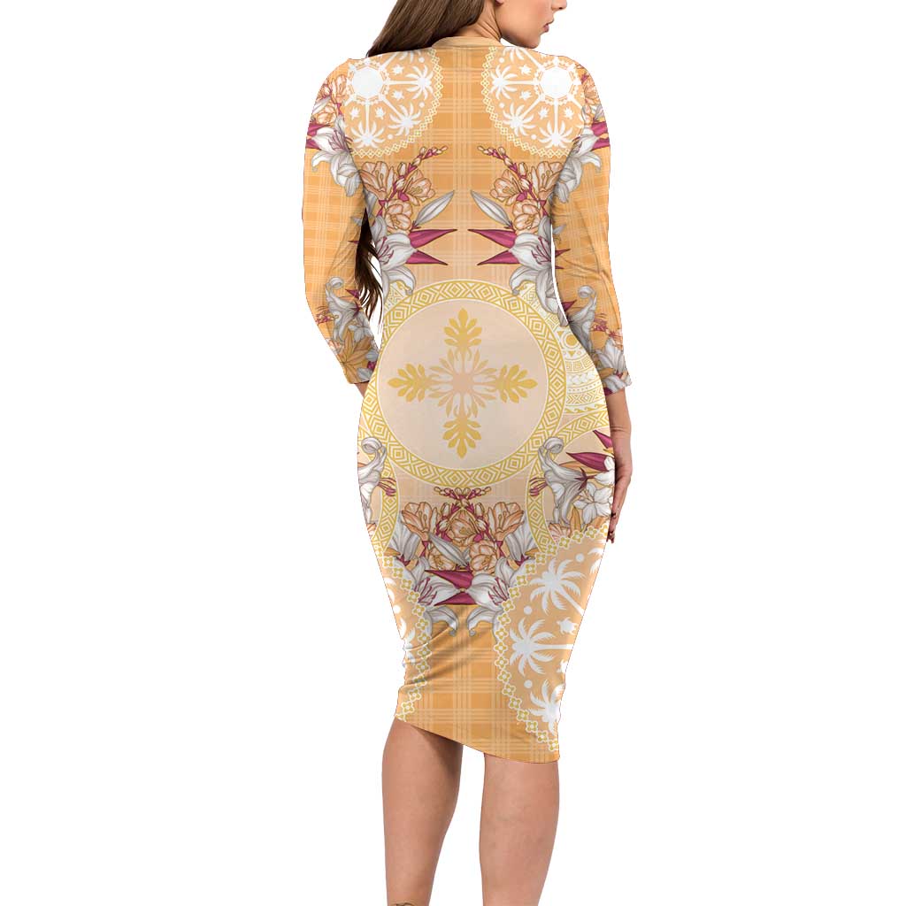 Hawaii Peach Palaka Family Matching Long Sleeve Bodycon Dress and Hawaiian Shirt With Tapa Pattern Tropical Flowers LT05 - Polynesian Pride