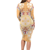 Hawaii Peach Palaka Family Matching Long Sleeve Bodycon Dress and Hawaiian Shirt With Tapa Pattern Tropical Flowers LT05 - Polynesian Pride