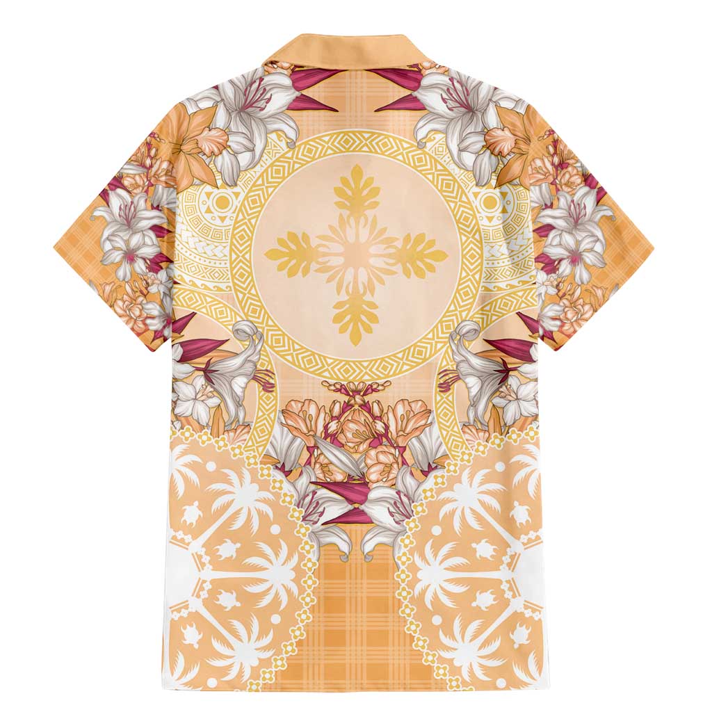 Hawaii Peach Palaka Family Matching Mermaid Dress and Hawaiian Shirt With Tapa Pattern Tropical Flowers LT05 - Polynesian Pride