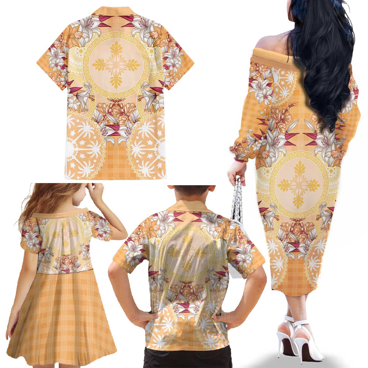Hawaii Peach Palaka Family Matching Off The Shoulder Long Sleeve Dress and Hawaiian Shirt With Tapa Pattern Tropical Flowers LT05 - Polynesian Pride