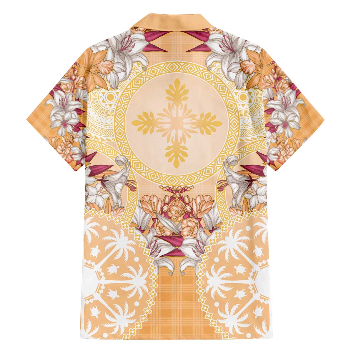 Hawaii Peach Palaka Family Matching Off The Shoulder Long Sleeve Dress and Hawaiian Shirt With Tapa Pattern Tropical Flowers LT05 - Polynesian Pride