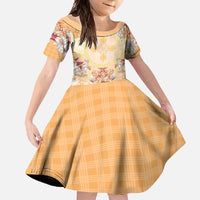 Hawaii Peach Palaka Family Matching Off Shoulder Maxi Dress and Hawaiian Shirt With Tapa Pattern Tropical Flowers LT05 Daughter's Dress Peach - Polynesian Pride
