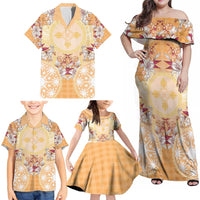 Hawaii Peach Palaka Family Matching Off Shoulder Maxi Dress and Hawaiian Shirt With Tapa Pattern Tropical Flowers LT05 - Polynesian Pride