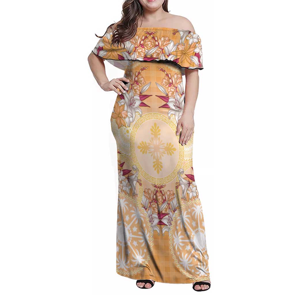 Hawaii Peach Palaka Family Matching Off Shoulder Maxi Dress and Hawaiian Shirt With Tapa Pattern Tropical Flowers LT05 Mom's Dress Peach - Polynesian Pride