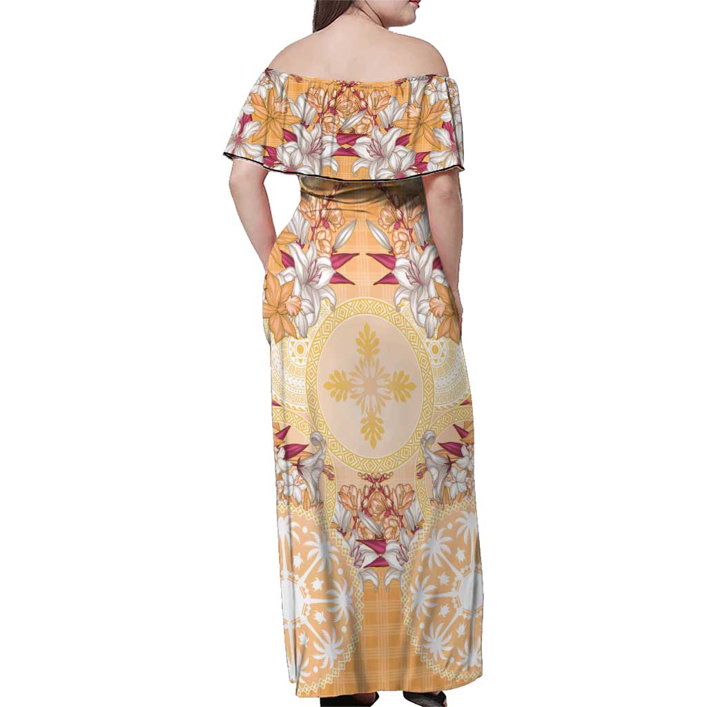 Hawaii Peach Palaka Family Matching Off Shoulder Maxi Dress and Hawaiian Shirt With Tapa Pattern Tropical Flowers LT05 - Polynesian Pride