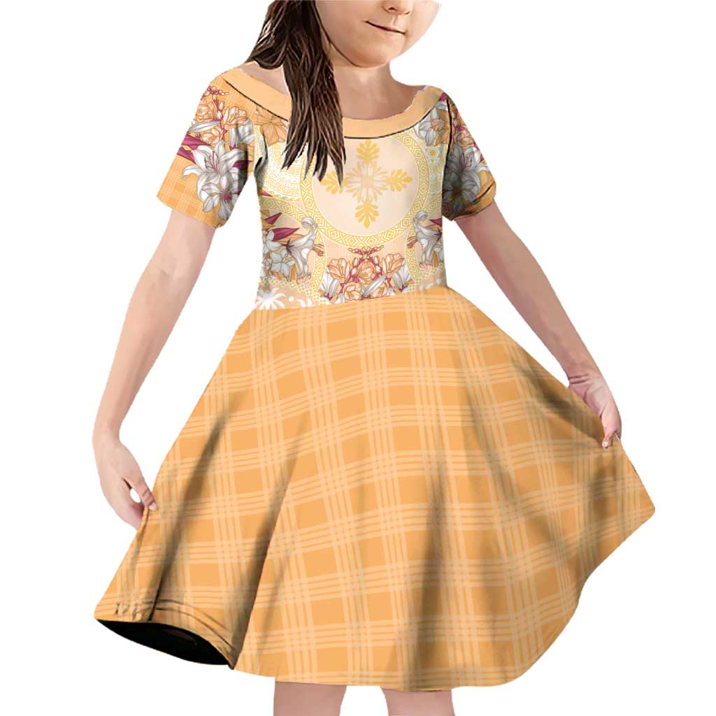 Hawaii Peach Palaka Family Matching Off Shoulder Short Dress and Hawaiian Shirt With Tapa Pattern Tropical Flowers LT05 Daughter's Dress Peach - Polynesian Pride