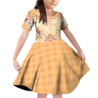 Hawaii Peach Palaka Family Matching Off Shoulder Short Dress and Hawaiian Shirt With Tapa Pattern Tropical Flowers LT05 Daughter's Dress Peach - Polynesian Pride