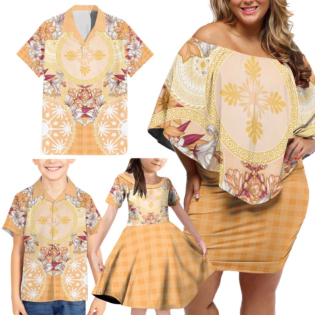 Hawaii Peach Palaka Family Matching Off Shoulder Short Dress and Hawaiian Shirt With Tapa Pattern Tropical Flowers LT05 - Polynesian Pride