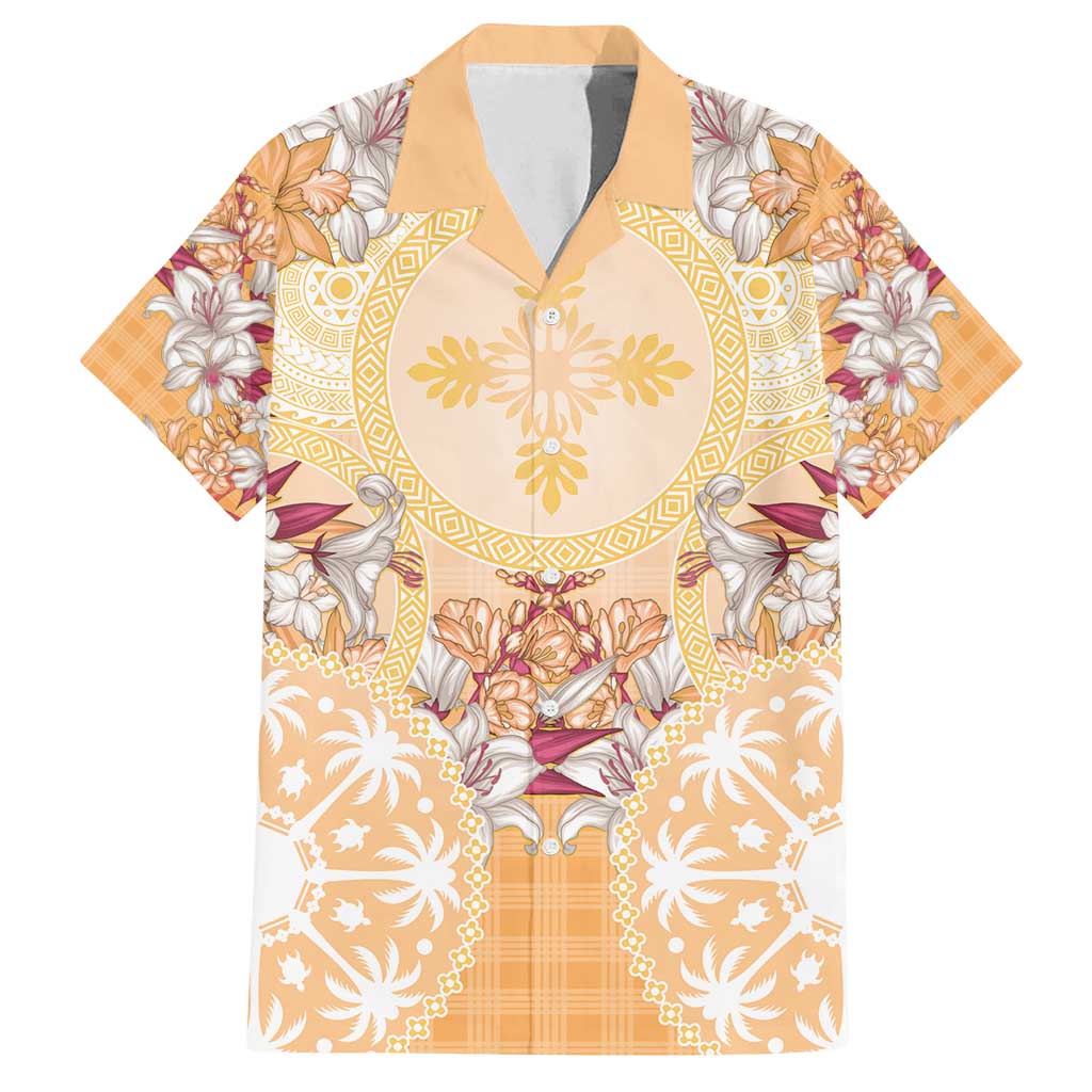 Hawaii Peach Palaka Family Matching Off Shoulder Short Dress and Hawaiian Shirt With Tapa Pattern Tropical Flowers LT05 Dad's Shirt - Short Sleeve Peach - Polynesian Pride