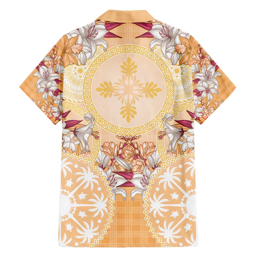 Hawaii Peach Palaka Family Matching Off Shoulder Short Dress and Hawaiian Shirt With Tapa Pattern Tropical Flowers LT05 - Polynesian Pride