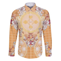 Hawaii Peach Palaka Family Matching Puletasi and Hawaiian Shirt With Tapa Pattern Tropical Flowers LT05 Dad's Shirt - Long Sleeve Peach - Polynesian Pride