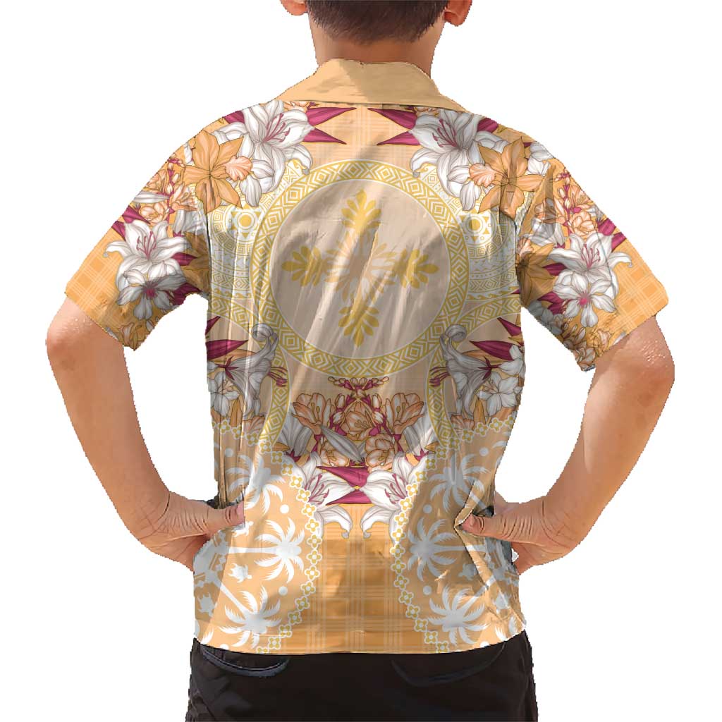 Hawaii Peach Palaka Family Matching Short Sleeve Bodycon Dress and Hawaiian Shirt With Tapa Pattern Tropical Flowers LT05 - Polynesian Pride