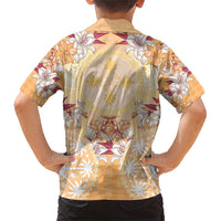 Hawaii Peach Palaka Family Matching Short Sleeve Bodycon Dress and Hawaiian Shirt With Tapa Pattern Tropical Flowers LT05 - Polynesian Pride