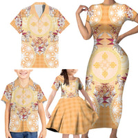 Hawaii Peach Palaka Family Matching Short Sleeve Bodycon Dress and Hawaiian Shirt With Tapa Pattern Tropical Flowers LT05 - Polynesian Pride