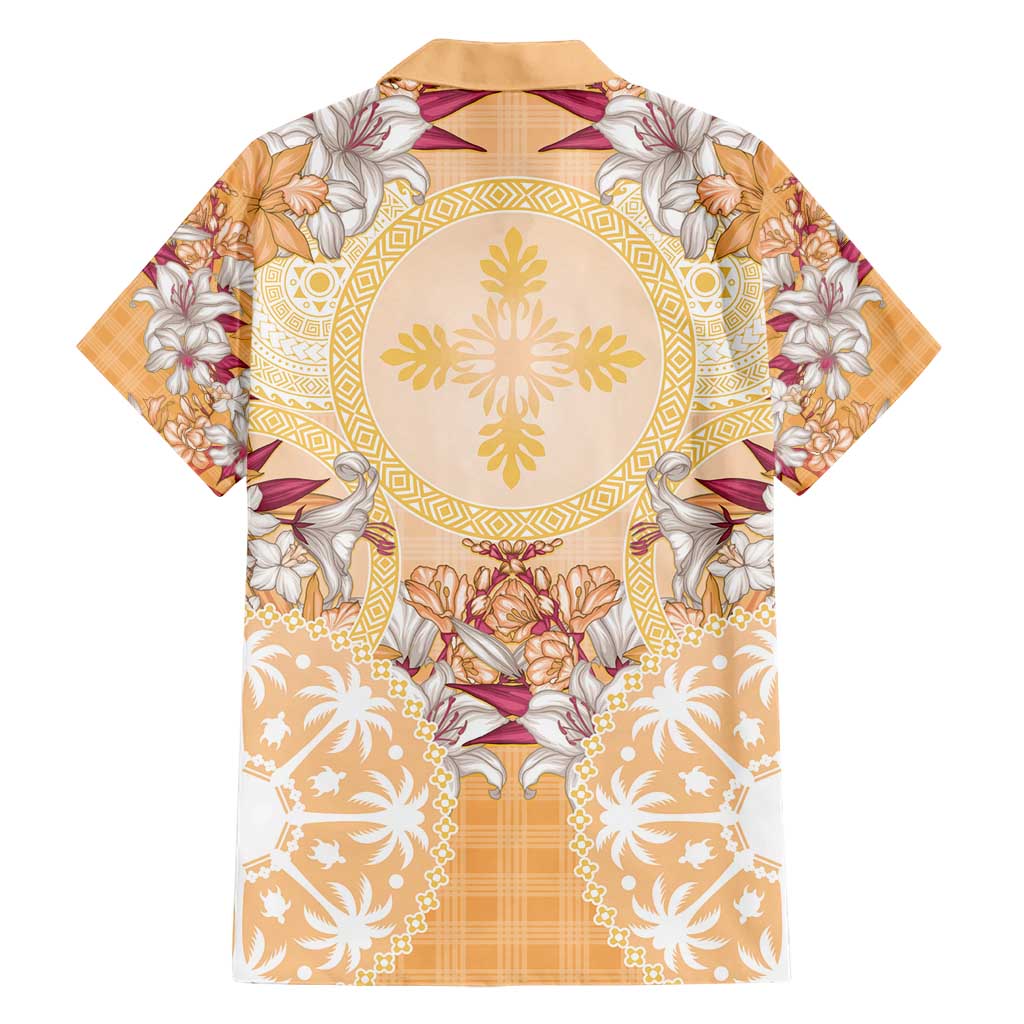 Hawaii Peach Palaka Family Matching Short Sleeve Bodycon Dress and Hawaiian Shirt With Tapa Pattern Tropical Flowers LT05 - Polynesian Pride