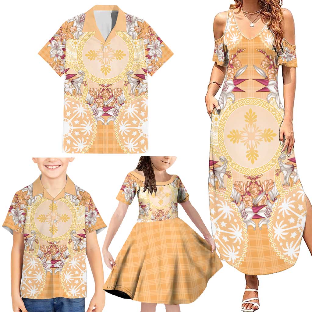 Hawaii Peach Palaka Family Matching Summer Maxi Dress and Hawaiian Shirt With Tapa Pattern Tropical Flowers LT05 - Polynesian Pride