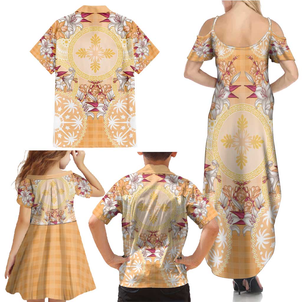 Hawaii Peach Palaka Family Matching Summer Maxi Dress and Hawaiian Shirt With Tapa Pattern Tropical Flowers LT05 - Polynesian Pride