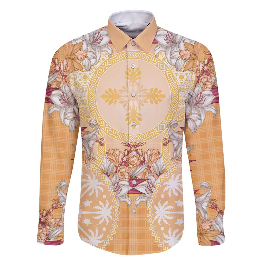 Hawaii Peach Palaka Family Matching Summer Maxi Dress and Hawaiian Shirt With Tapa Pattern Tropical Flowers LT05 Dad's Shirt - Long Sleeve Peach - Polynesian Pride