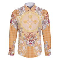 Hawaii Peach Palaka Family Matching Summer Maxi Dress and Hawaiian Shirt With Tapa Pattern Tropical Flowers LT05 Dad's Shirt - Long Sleeve Peach - Polynesian Pride