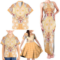 Hawaii Peach Palaka Family Matching Tank Maxi Dress and Hawaiian Shirt With Tapa Pattern Tropical Flowers LT05 - Polynesian Pride