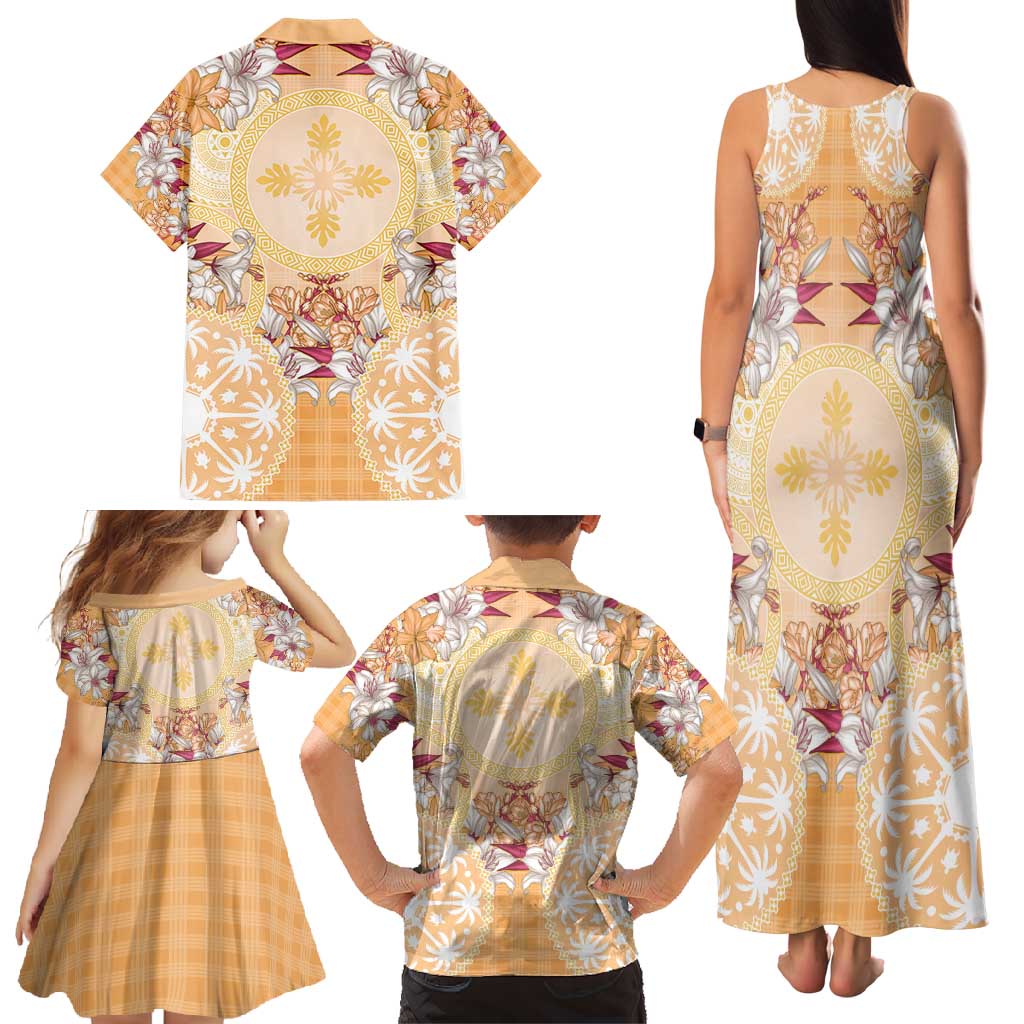 Hawaii Peach Palaka Family Matching Tank Maxi Dress and Hawaiian Shirt With Tapa Pattern Tropical Flowers LT05 - Polynesian Pride
