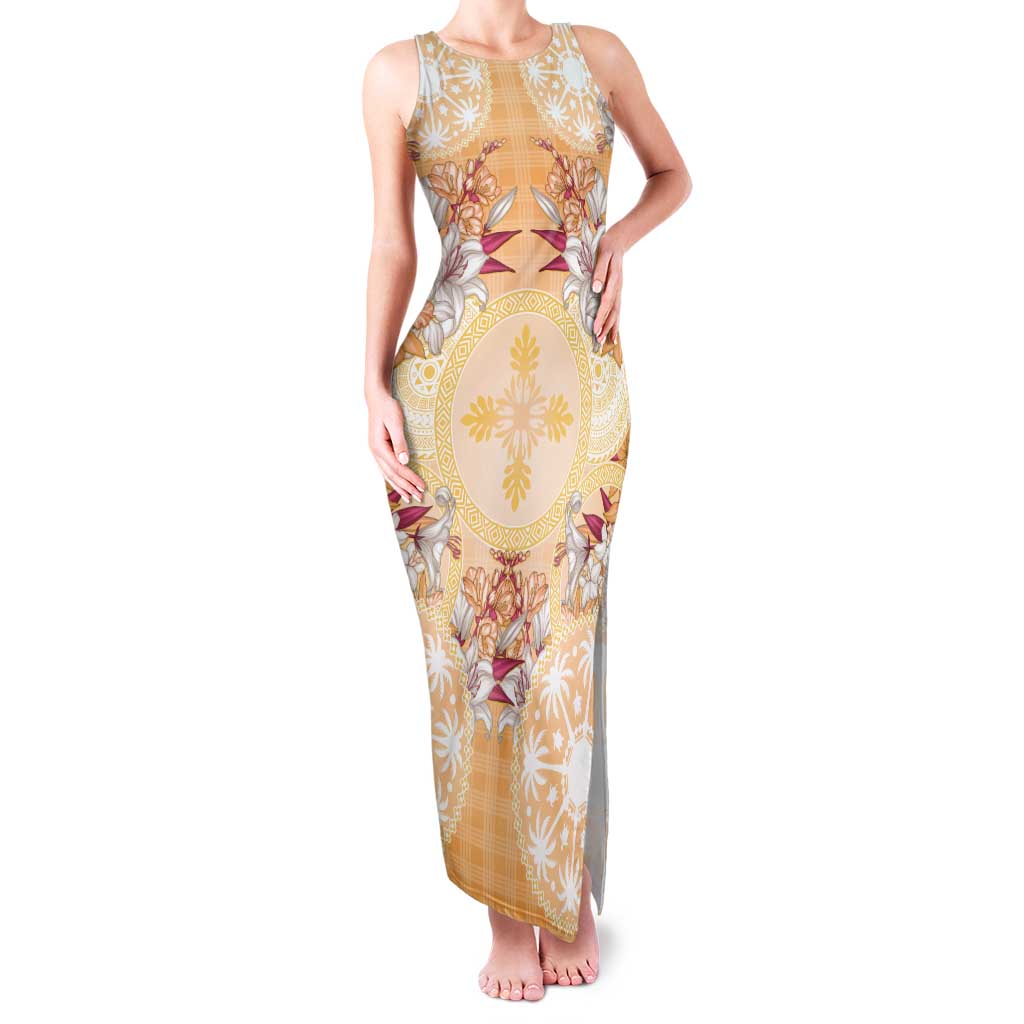 Hawaii Peach Palaka Family Matching Tank Maxi Dress and Hawaiian Shirt With Tapa Pattern Tropical Flowers LT05 Mom's Dress Peach - Polynesian Pride