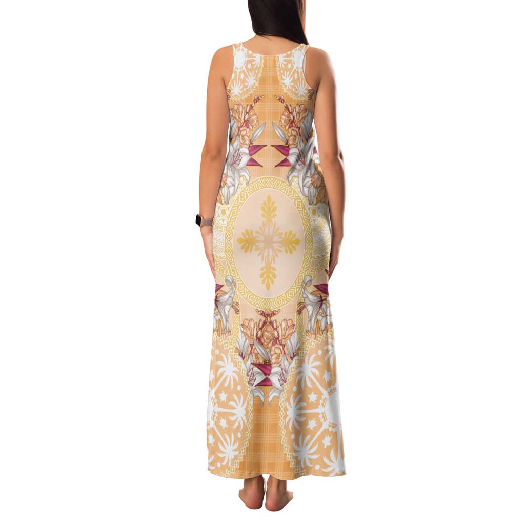 Hawaii Peach Palaka Family Matching Tank Maxi Dress and Hawaiian Shirt With Tapa Pattern Tropical Flowers LT05 - Polynesian Pride