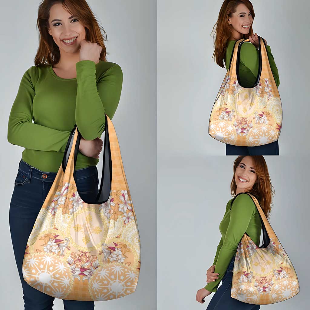 Hawaii Peach Palaka Grocery Bag With Tapa Pattern Tropical Flowers - Polynesian Pride