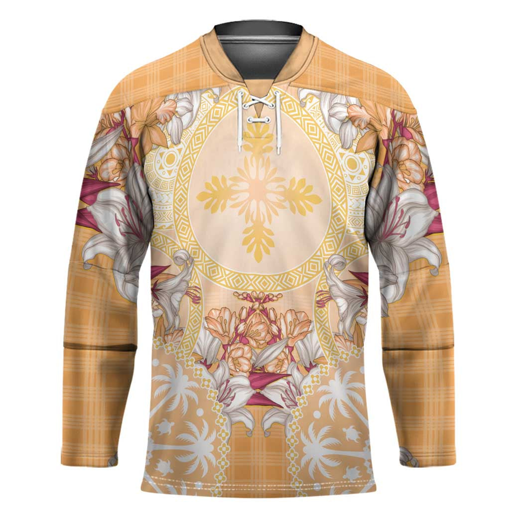 Hawaii Peach Palaka Hockey Jersey With Tapa Pattern Tropical Flowers - Polynesian Pride