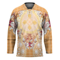 Hawaii Peach Palaka Hockey Jersey With Tapa Pattern Tropical Flowers - Polynesian Pride