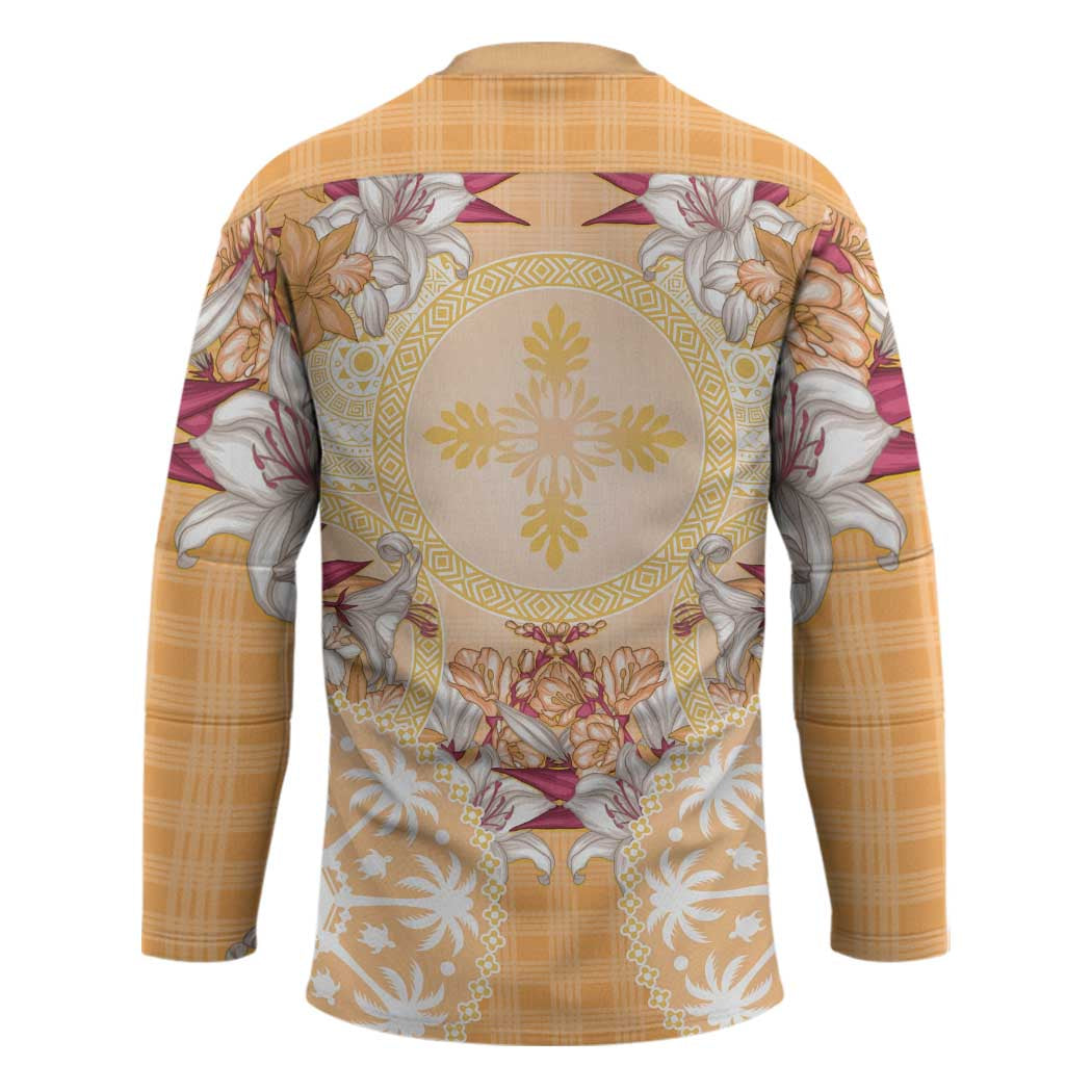Hawaii Peach Palaka Hockey Jersey With Tapa Pattern Tropical Flowers - Polynesian Pride