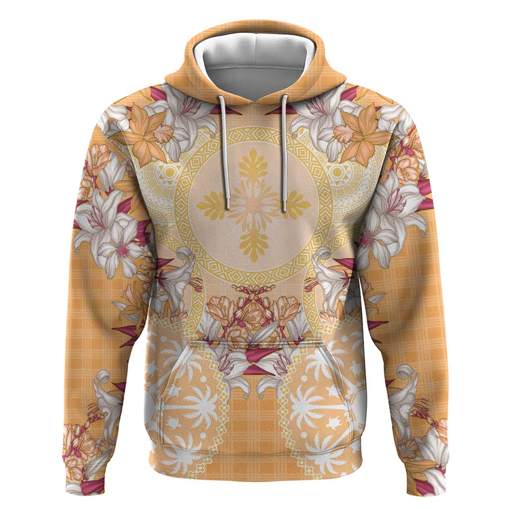 Hawaii Peach Palaka Hoodie With Tapa Pattern Tropical Flowers LT05 Pullover Hoodie Peach - Polynesian Pride