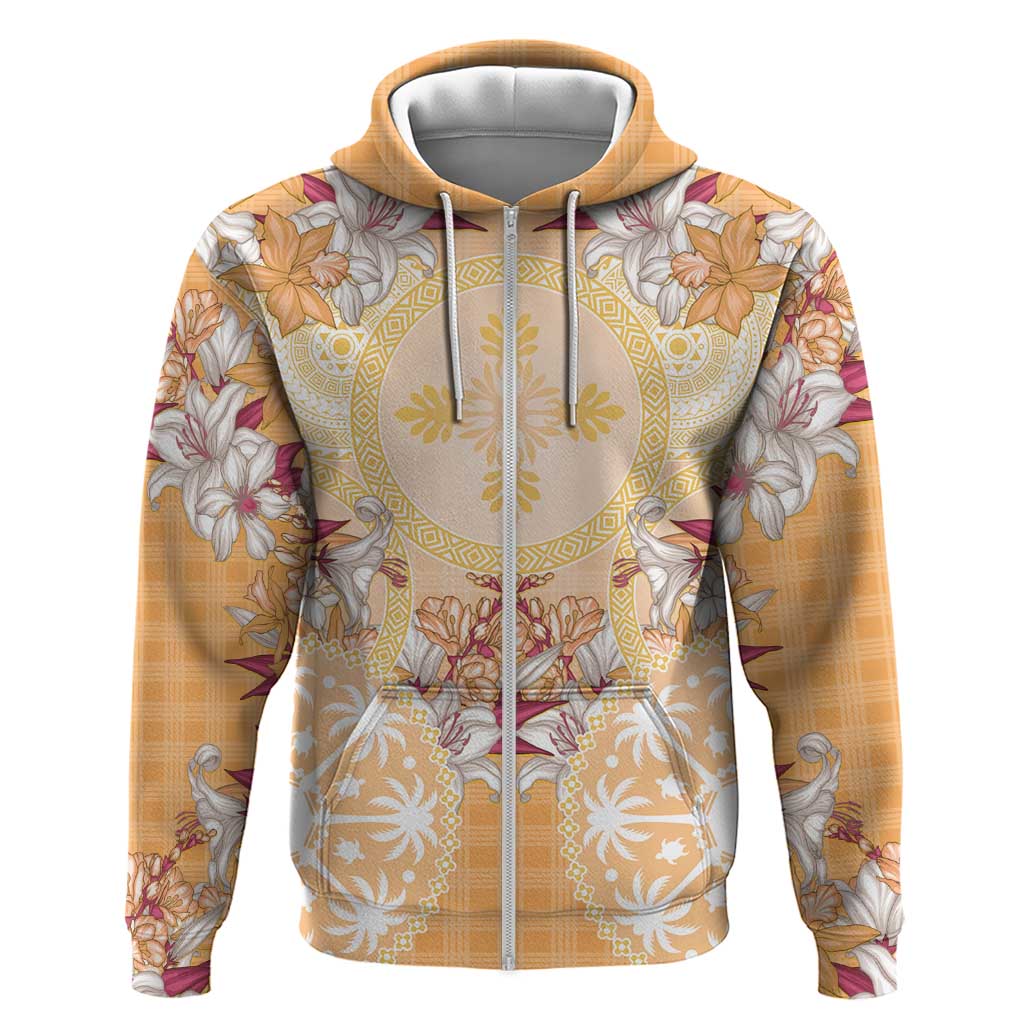 Hawaii Peach Palaka Hoodie With Tapa Pattern Tropical Flowers LT05 Zip Hoodie Peach - Polynesian Pride
