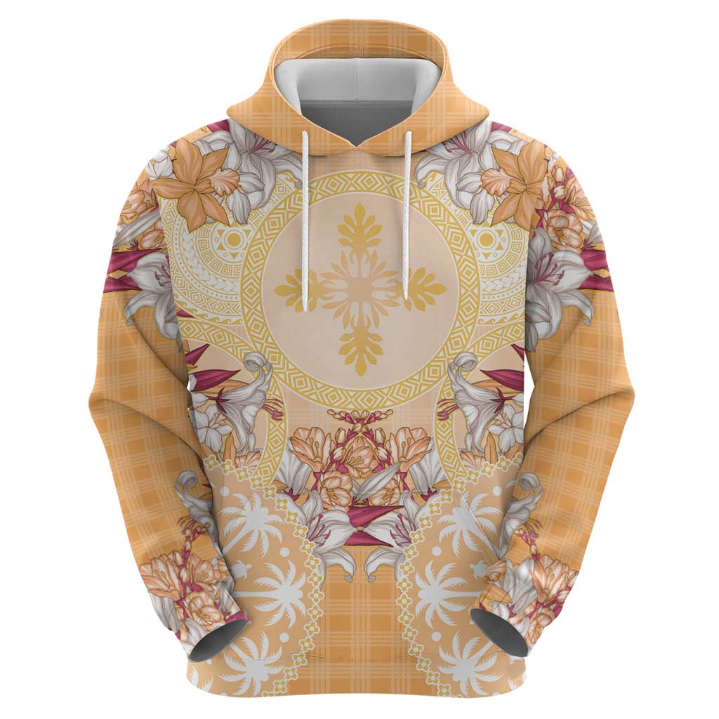 Hawaii Peach Palaka Hoodie With Tapa Pattern Tropical Flowers LT05 - Polynesian Pride
