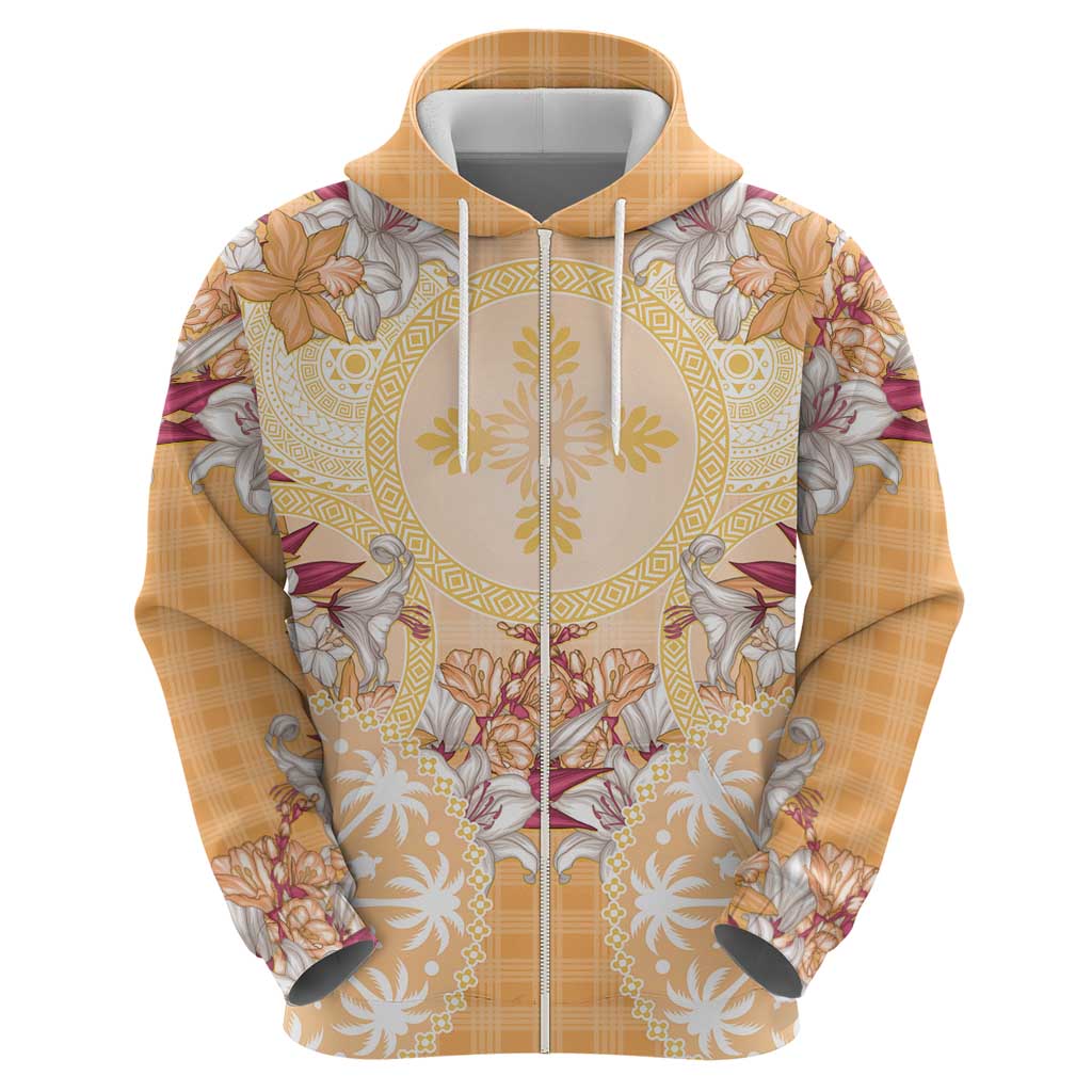 Hawaii Peach Palaka Hoodie With Tapa Pattern Tropical Flowers LT05 - Polynesian Pride