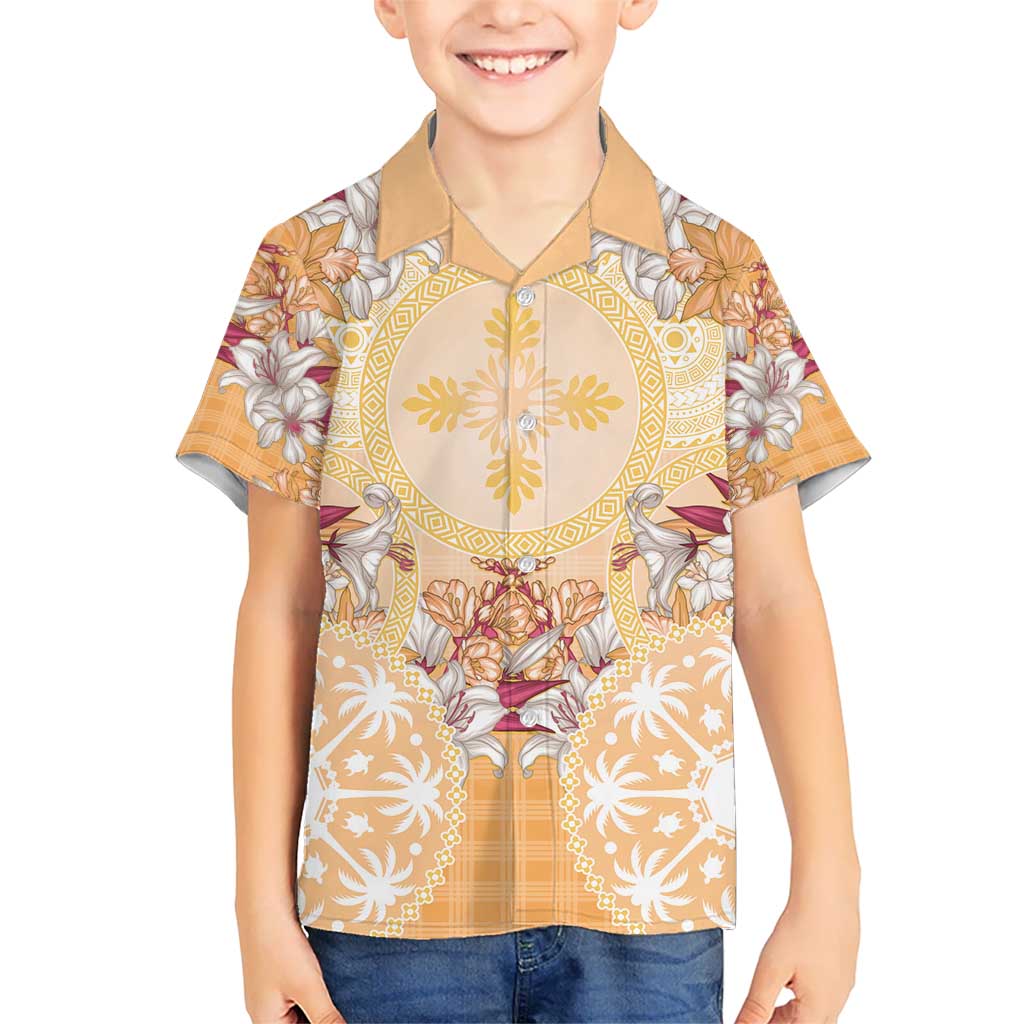 Hawaii Peach Palaka Kid Hawaiian Shirt With Tapa Pattern Tropical Flowers LT05 Kid Peach - Polynesian Pride