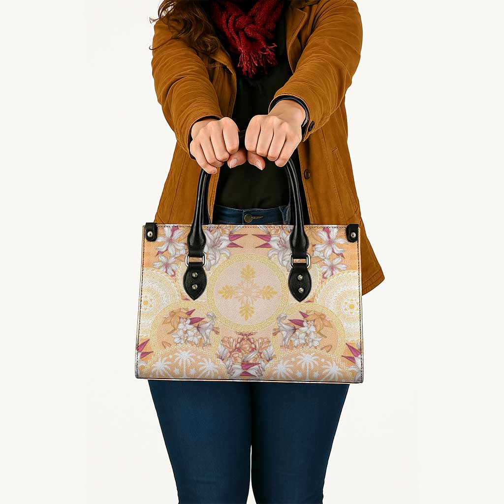 Hawaii Peach Palaka Leather Bag With Tapa Pattern Tropical Flowers - Polynesian Pride