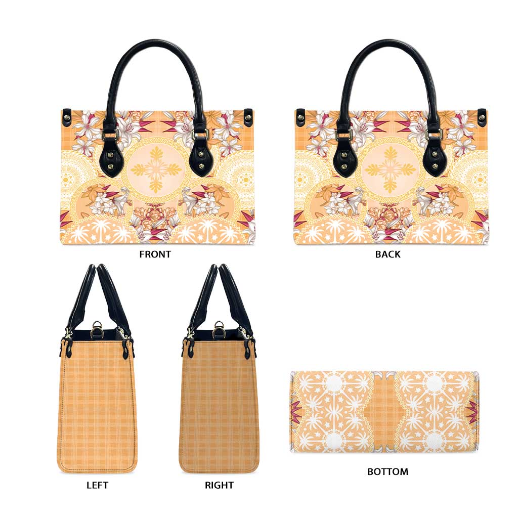 Hawaii Peach Palaka Leather Bag With Tapa Pattern Tropical Flowers - Polynesian Pride
