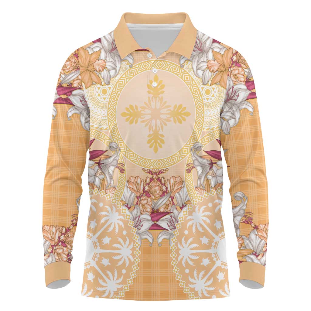 Hawaii Peach Palaka Long Sleeve Polo Shirt With Tapa Pattern Tropical Flowers LT05 Peach - Polynesian Pride