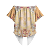 Hawaii Peach Palaka Off Shoulder Wrap Waist Top With Tapa Pattern Tropical Flowers LT05 - Polynesian Pride