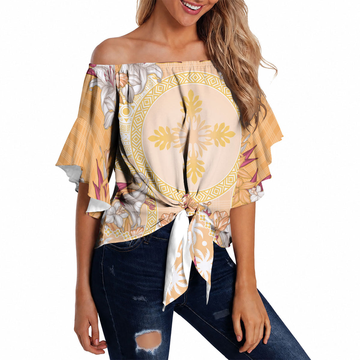 Hawaii Peach Palaka Off Shoulder Wrap Waist Top With Tapa Pattern Tropical Flowers LT05 - Polynesian Pride