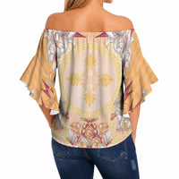 Hawaii Peach Palaka Off Shoulder Wrap Waist Top With Tapa Pattern Tropical Flowers LT05 - Polynesian Pride