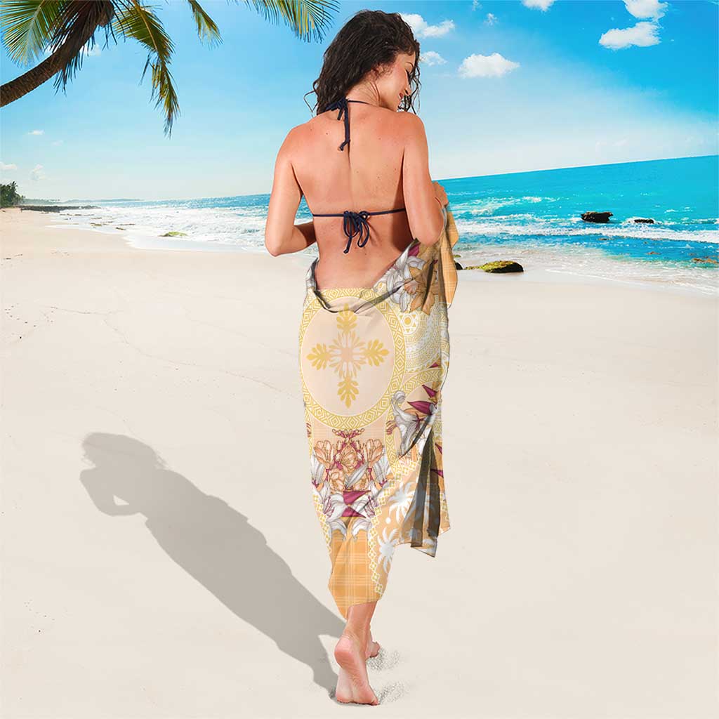 Hawaii Peach Palaka Sarong With Tapa Pattern Tropical Flowers - Polynesian Pride