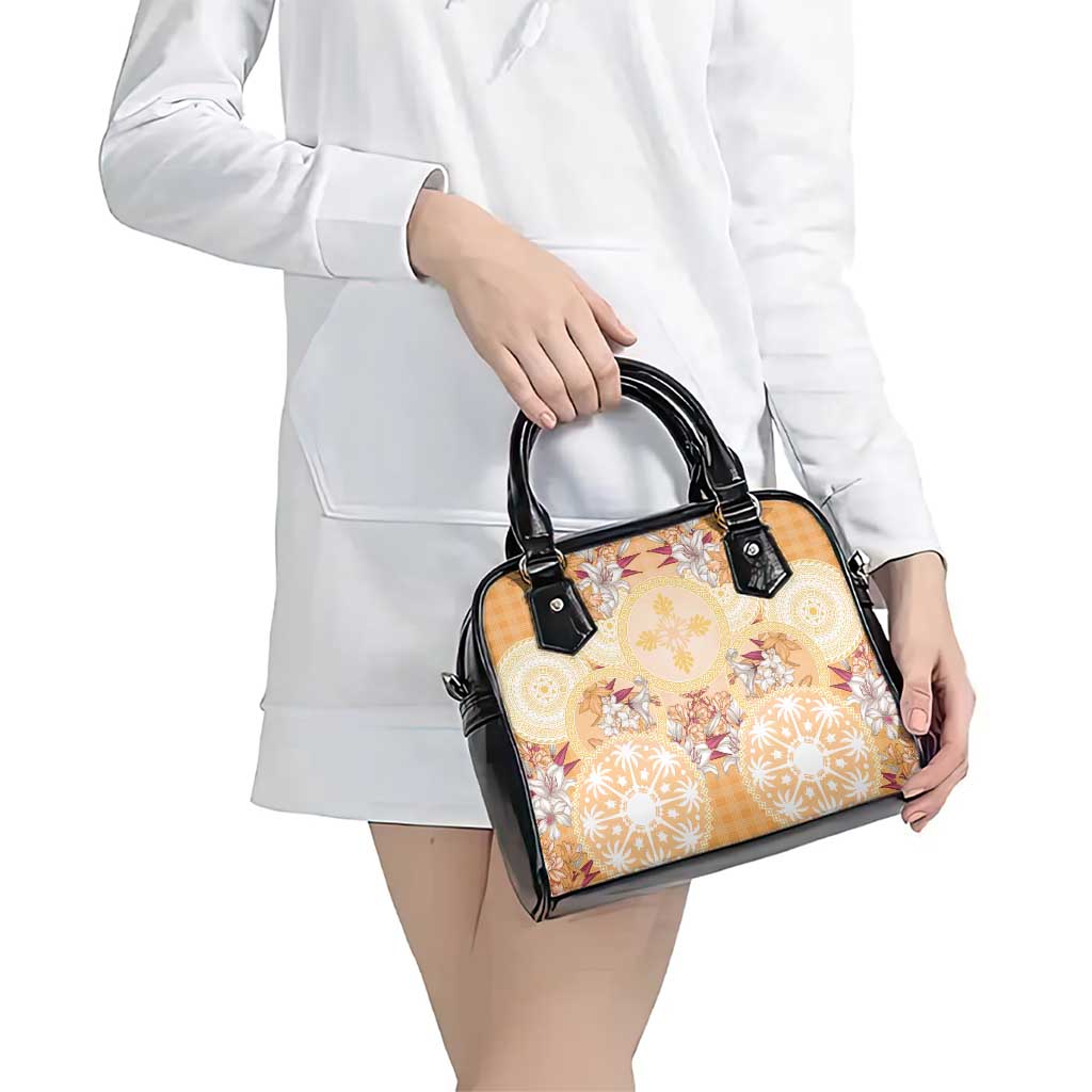 Hawaii Peach Palaka Shoulder Handbag With Tapa Pattern Tropical Flowers - Polynesian Pride