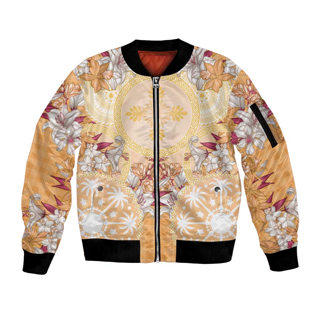 Hawaii Peach Palaka Sleeve Zip Bomber Jacket With Tapa Pattern Tropical Flowers LT05 Unisex Peach - Polynesian Pride