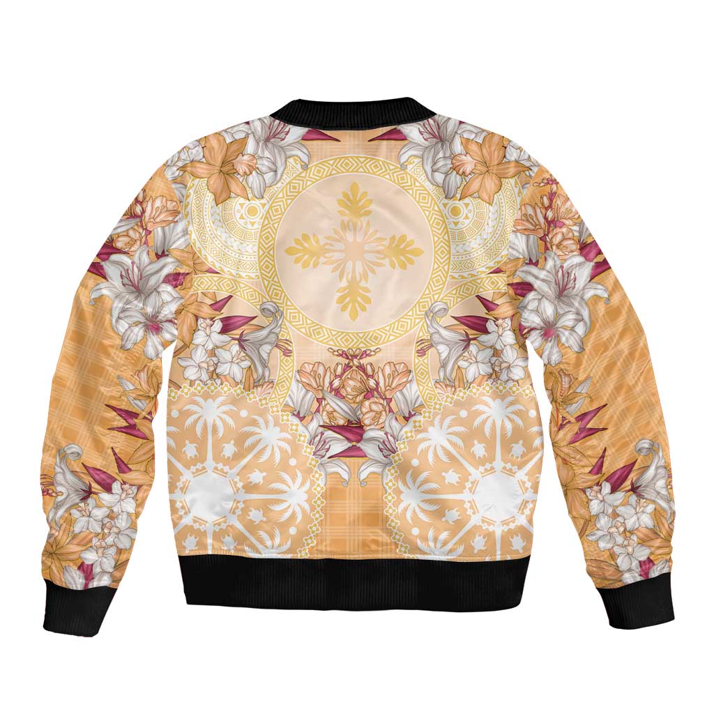 Hawaii Peach Palaka Sleeve Zip Bomber Jacket With Tapa Pattern Tropical Flowers - Polynesian Pride