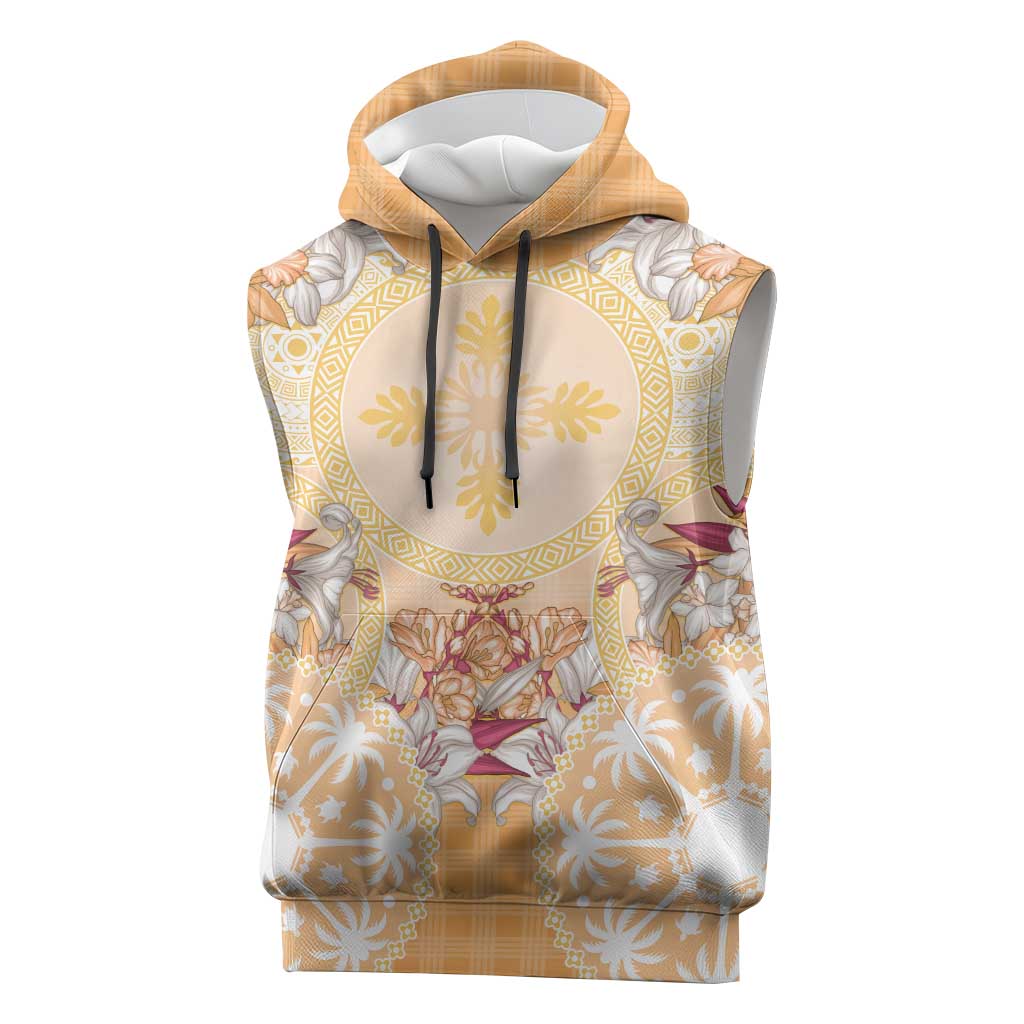 Hawaii Peach Palaka Sleeveless Hoodie With Tapa Pattern Tropical Flowers LT05 Peach - Polynesian Pride